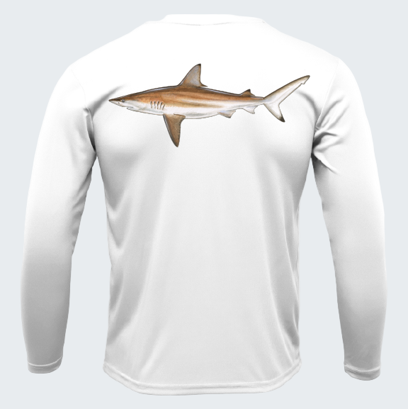 White long-sleeve shirt with a shark design on a white background