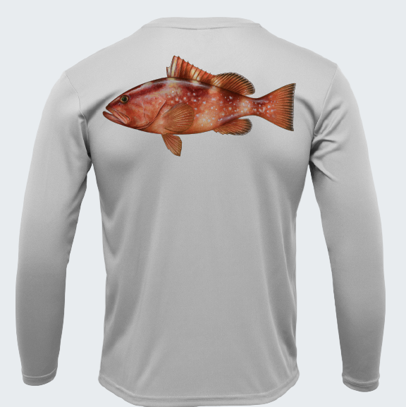 Gray long-sleeve shirt with a red fish graphic on the back against a white background