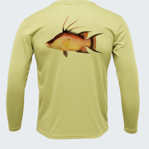 Light green long-sleeve shirt with a fish design on the back against a white background