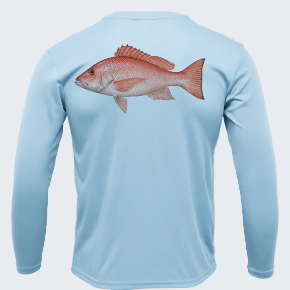 Light blue long-sleeve shirt with a red fish graphic on the back against a white background