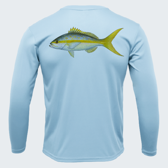 Light blue long-sleeve shirt with a fish design on the back against a white background