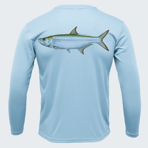 Light blue long-sleeve shirt with a fish design on the back against a white background