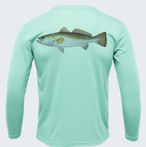 Mint green long-sleeve shirt with a fish graphic on the back against a white background