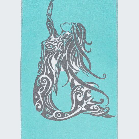Turquoise towel with a decorative gray design of a woman on a white background