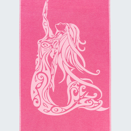 Pink towel with a white mermaid design on a white background