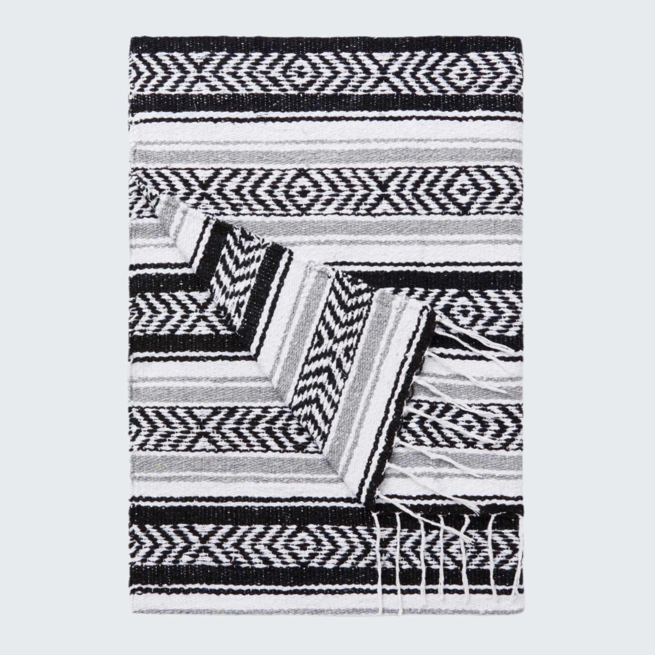 Black and white patterned blanket on a white background