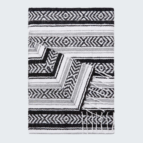 Black and white patterned blanket on a white background
