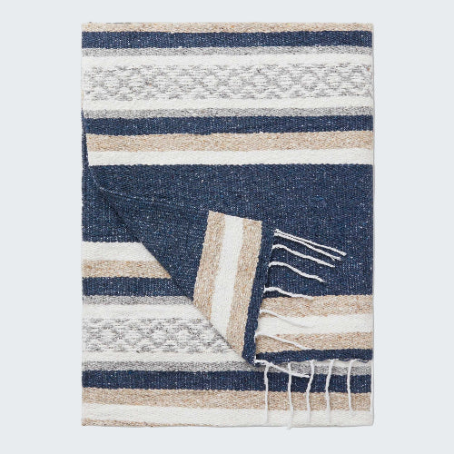 Woven blanket with blue, beige, and white stripes on a white background