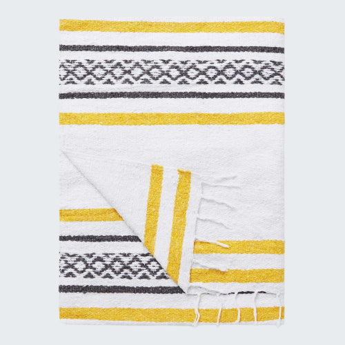 Folded blanket with yellow and gray pattern on a white background