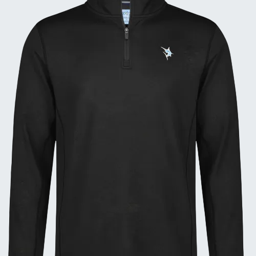 Black long-sleeve pullover with a small logo on the chest against a white background