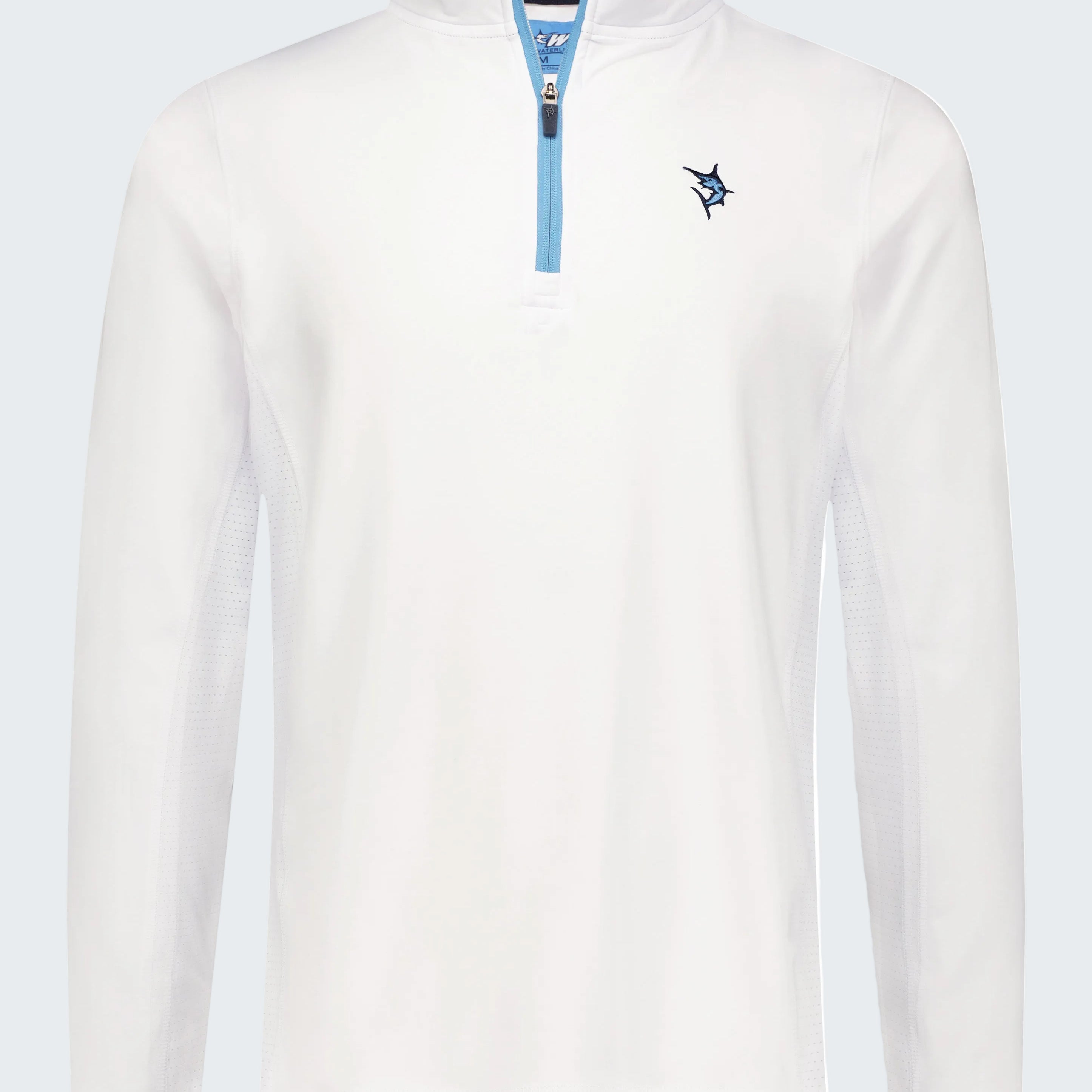 White long-sleeve shirt with a small logo on a white background
