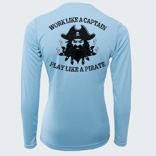 Light blue long-sleeve shirt with pirate-themed design and text on a white background