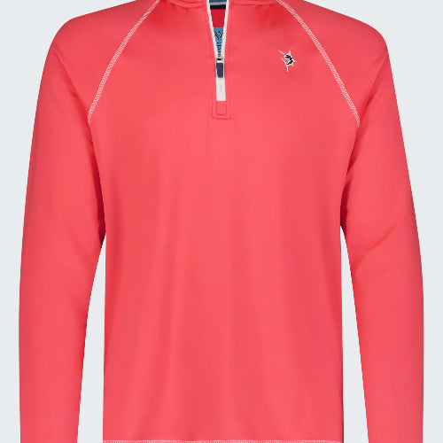 Red long-sleeve shirt with a small logo on a white background