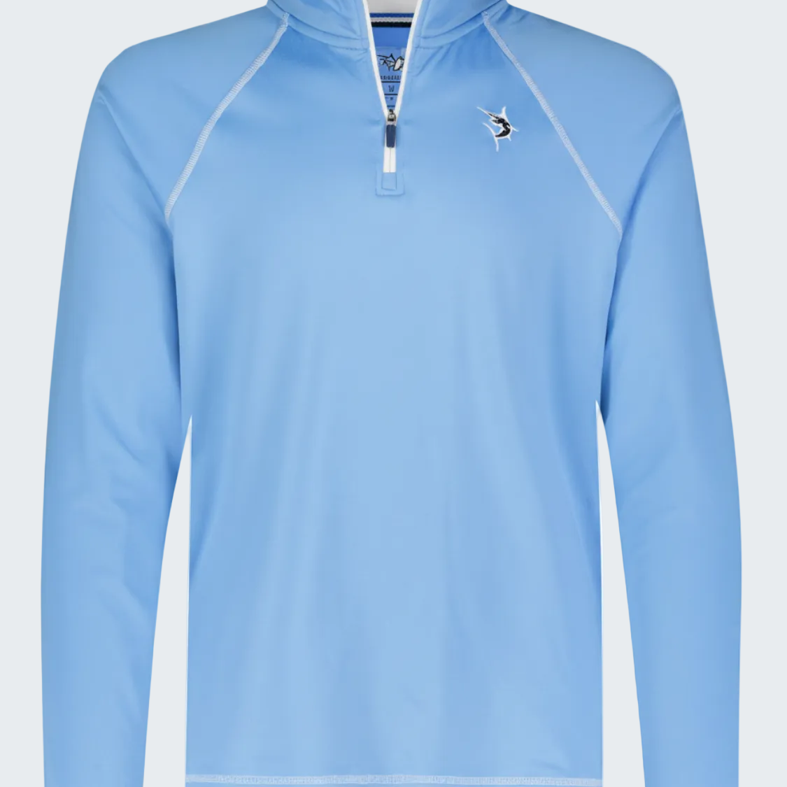 Light blue long-sleeve shirt with a quarter zip on a white background