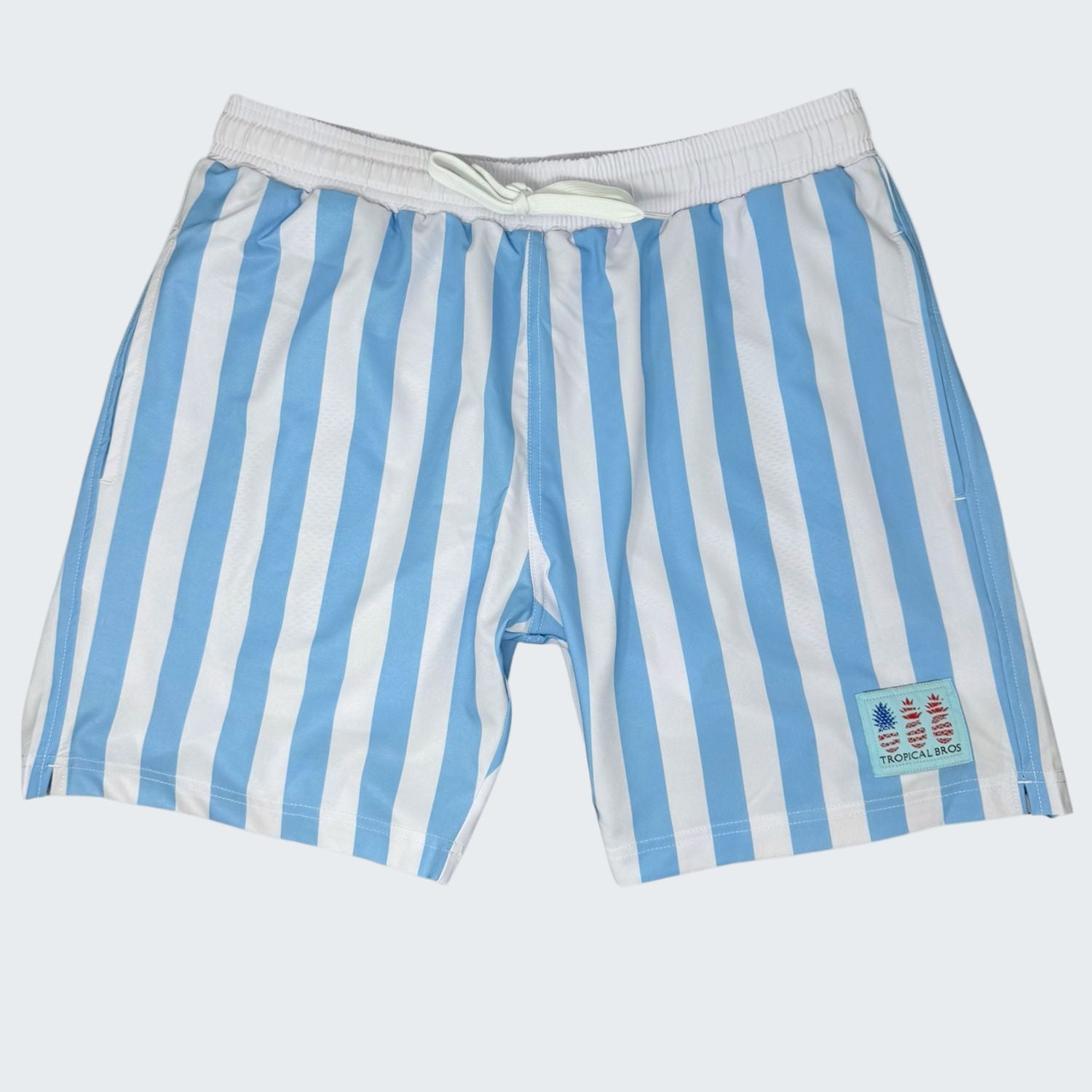 Blue and white striped shorts with a brand logo on a white background