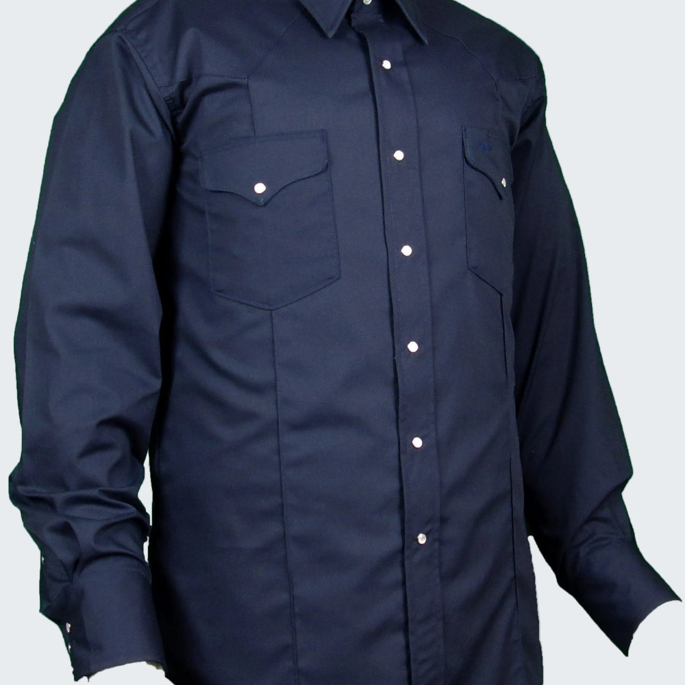 Navy blue shirt with button details on a white background