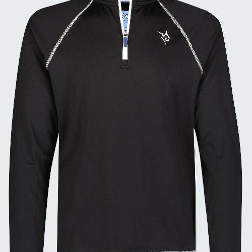 Black long-sleeve pullover with white accents on a white background