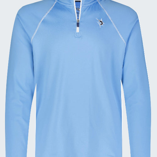 Light blue long-sleeve shirt with a quarter-zip design on a white background