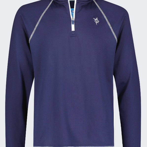 Blue long-sleeve shirt with a white collar on a white background