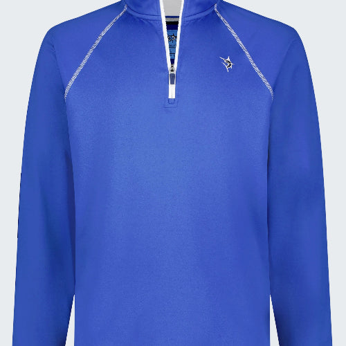 Blue long-sleeve shirt with a white zipper on a white background