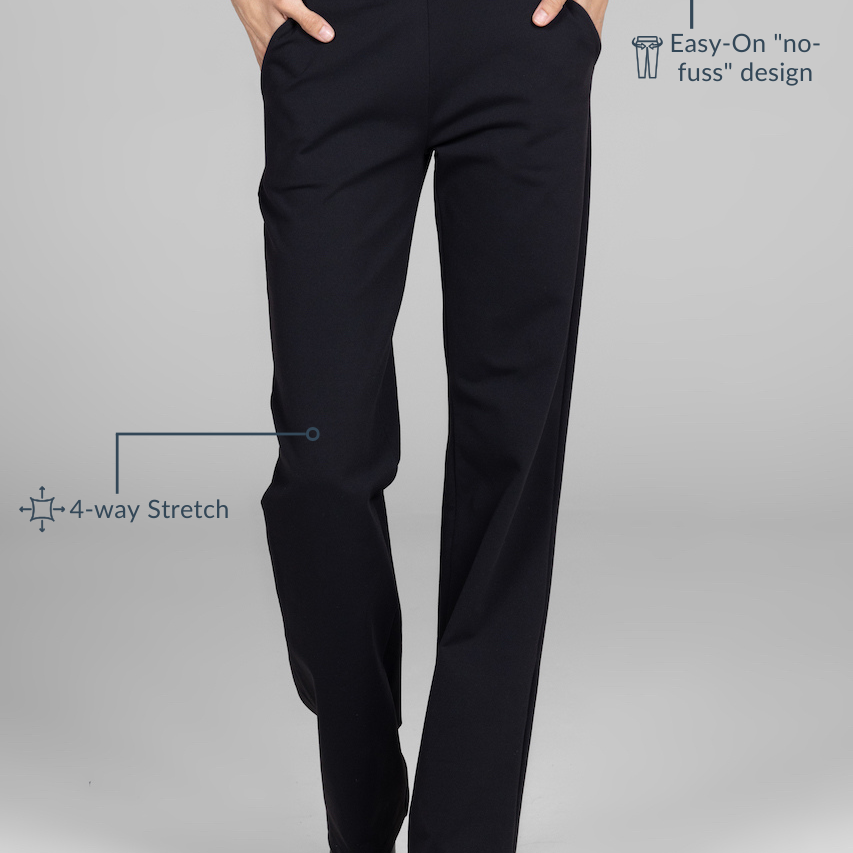 Black pants with features highlighted on a gray background