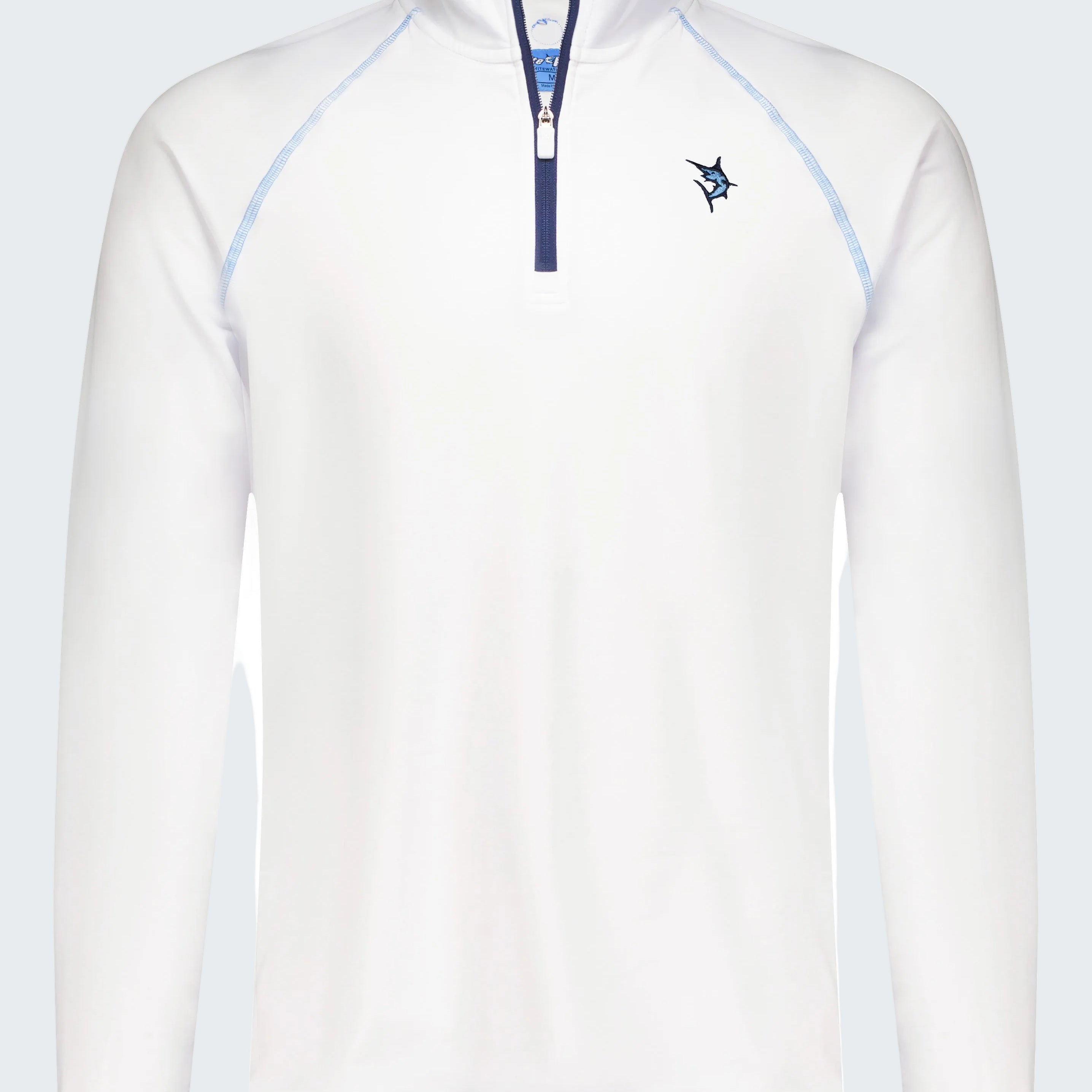 White long-sleeve shirt with blue accents on a white background