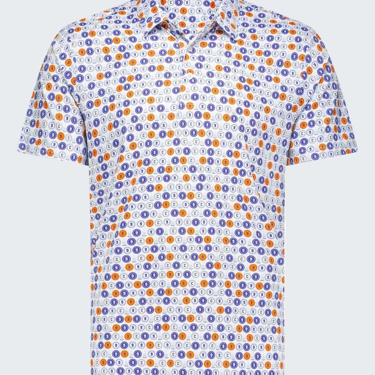 Short-sleeve shirt with a colorful pattern on a white background