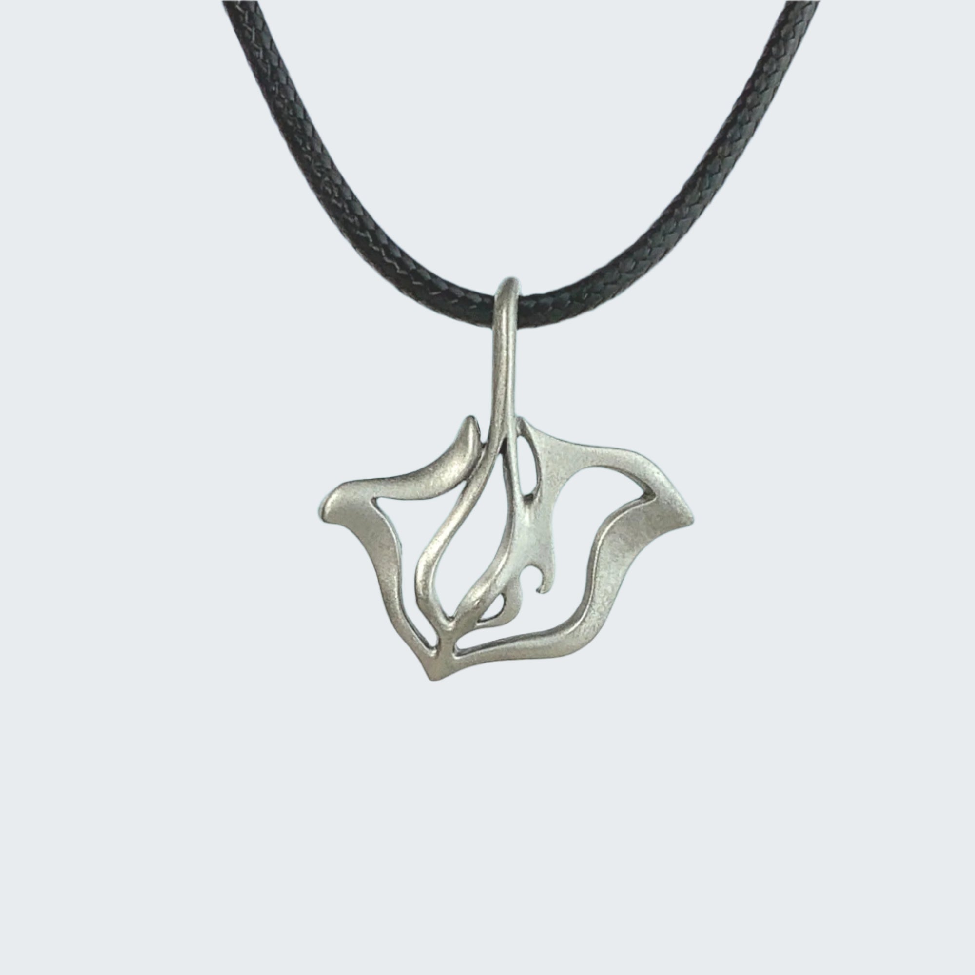Silver pendant on a cord with a beach and ocean background
