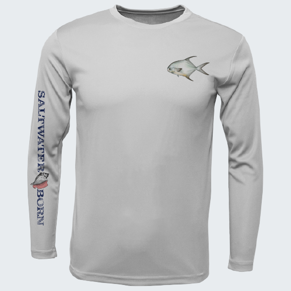 Gray long-sleeve shirt with fish design and 'Saltwater Born' text on sleeve, on a white background