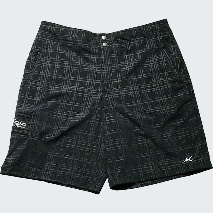 Black plaid shorts on a white background