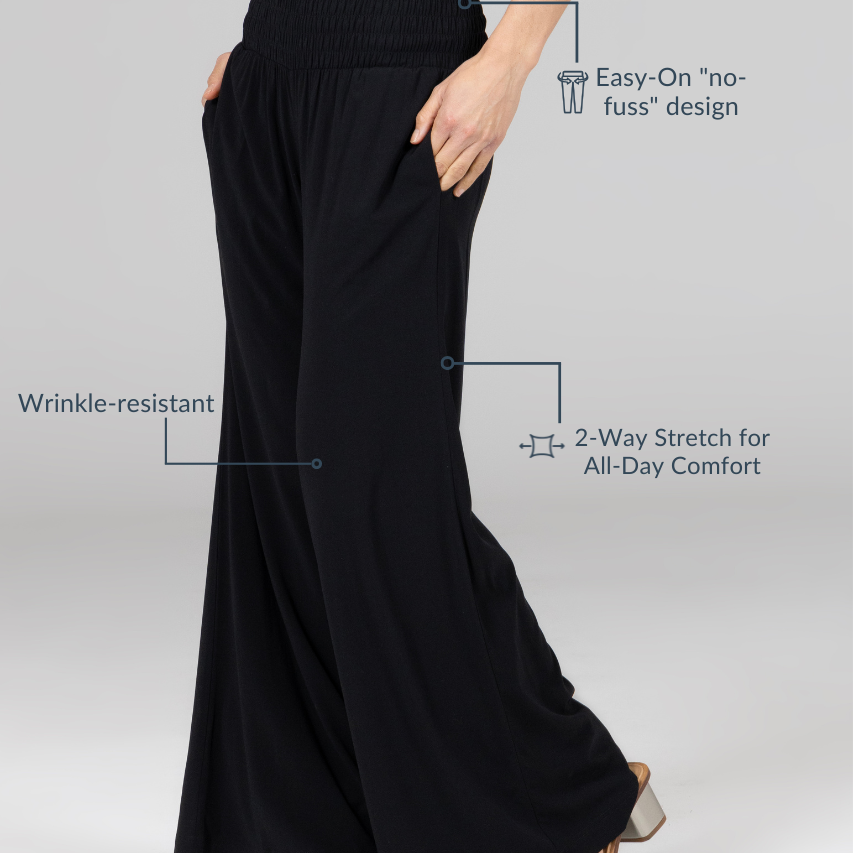 Black wide-leg pants worn by a model on a gray background with text highlighting features.