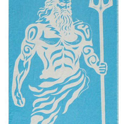 Stylized illustration of a bearded figure with a trident on a blue background