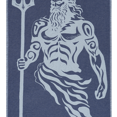 Towel with a design of a bearded figure holding a trident on a blue background