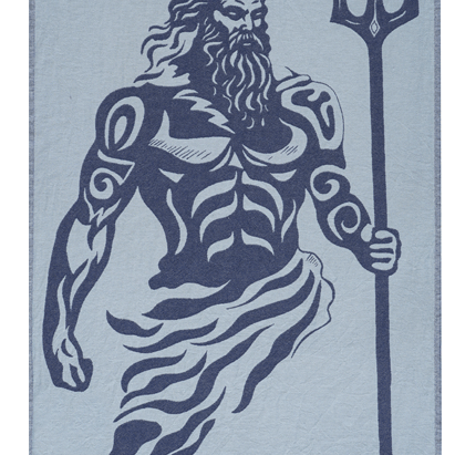 Stylized illustration of a bearded figure with a trident on a light blue background