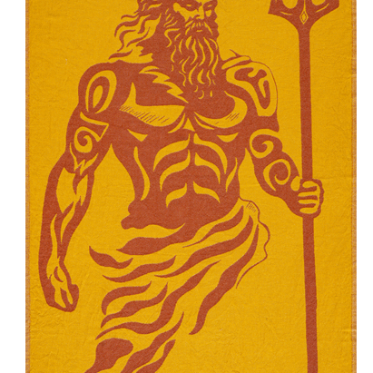 Towel with a graphic of a bearded figure holding a trident on a yellow background