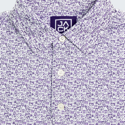 Purple patterned shirt with a visible brand logo on a white background