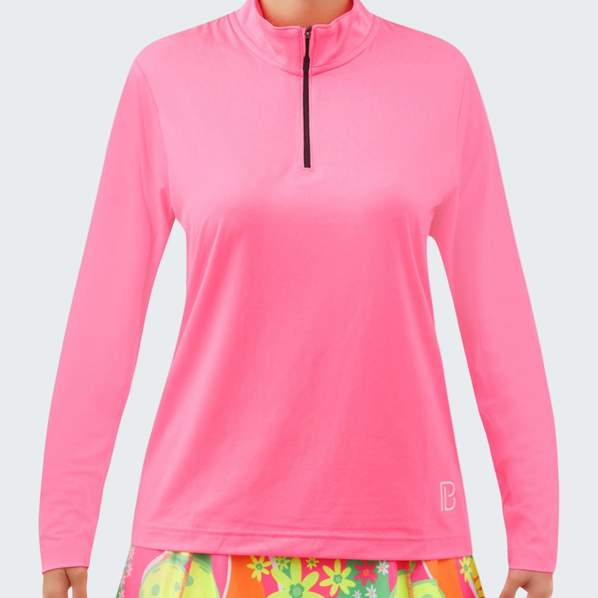 Pink long-sleeve top with a zipper on a white background
