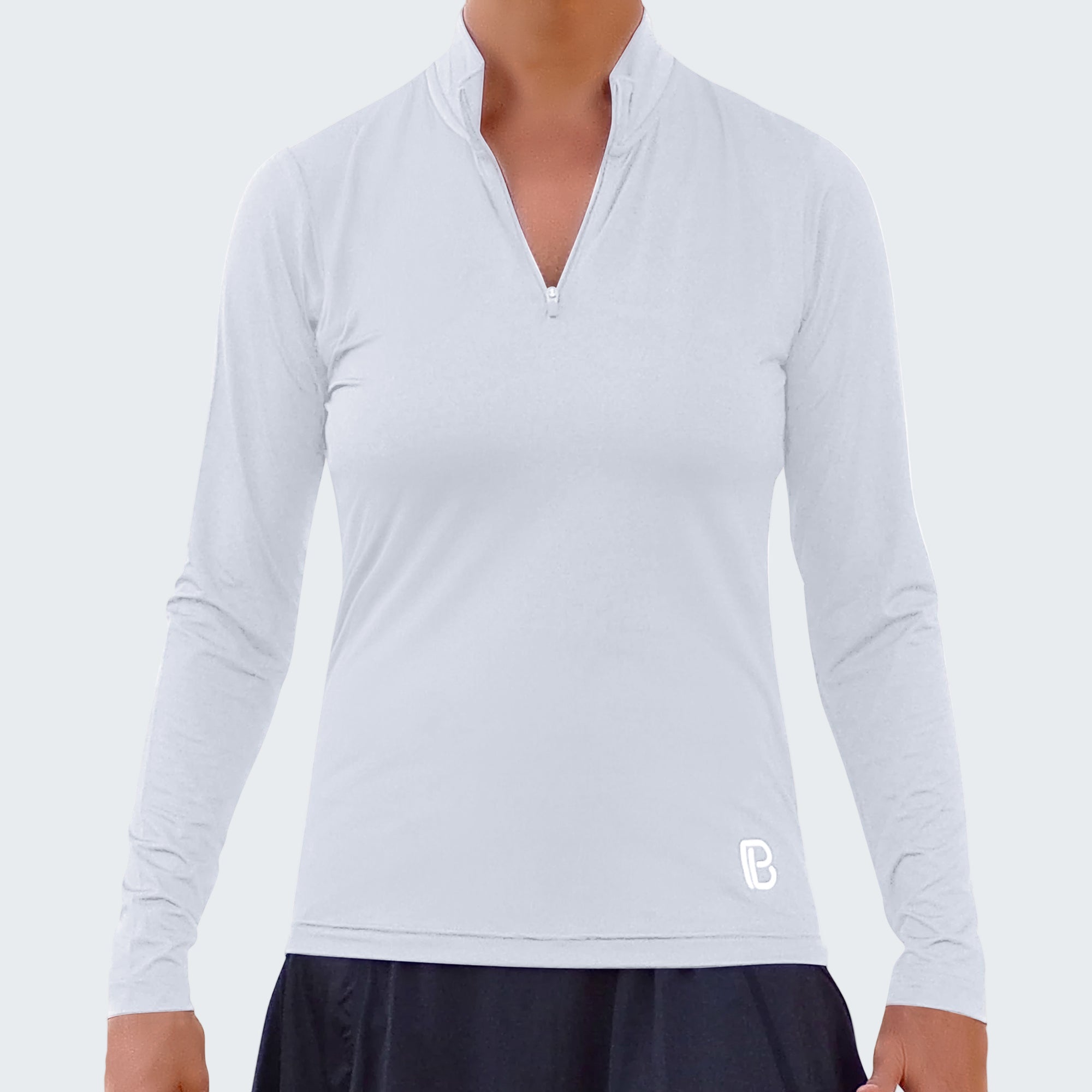 Light gray long-sleeve athletic top with a brand logo on a white background