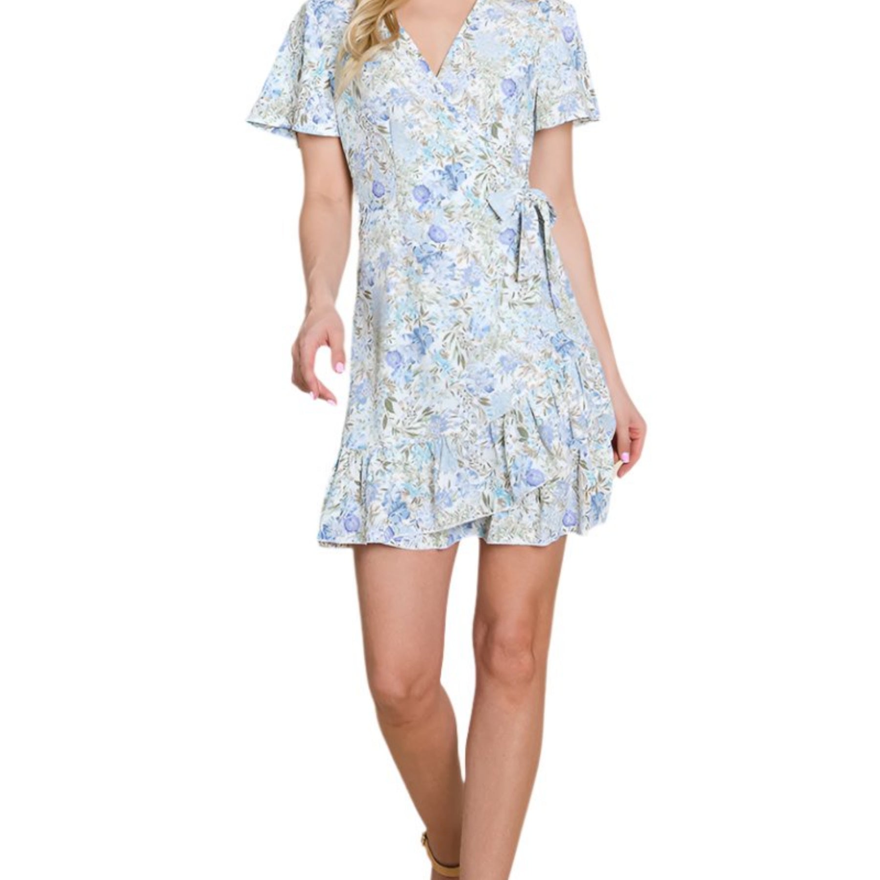 Floral Ruffled Asymmetrical Hem Wrap Dress