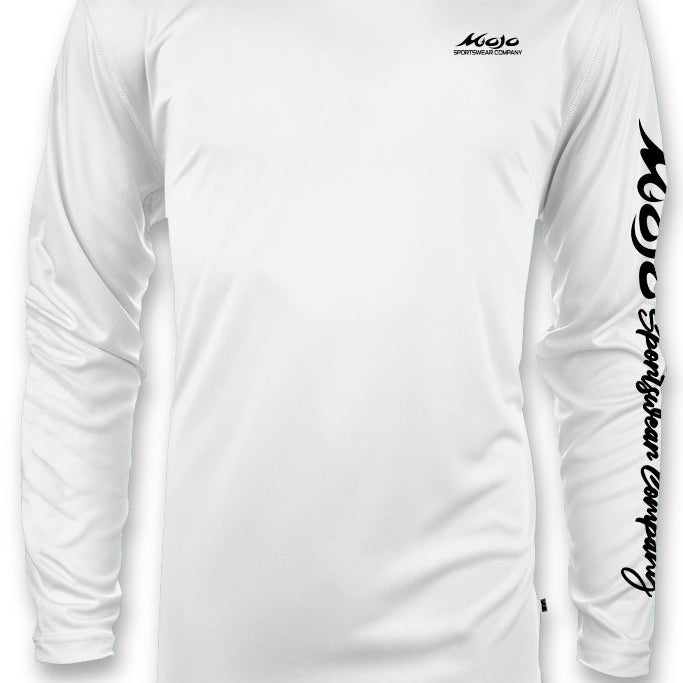 White long-sleeve shirt with black text on a white background