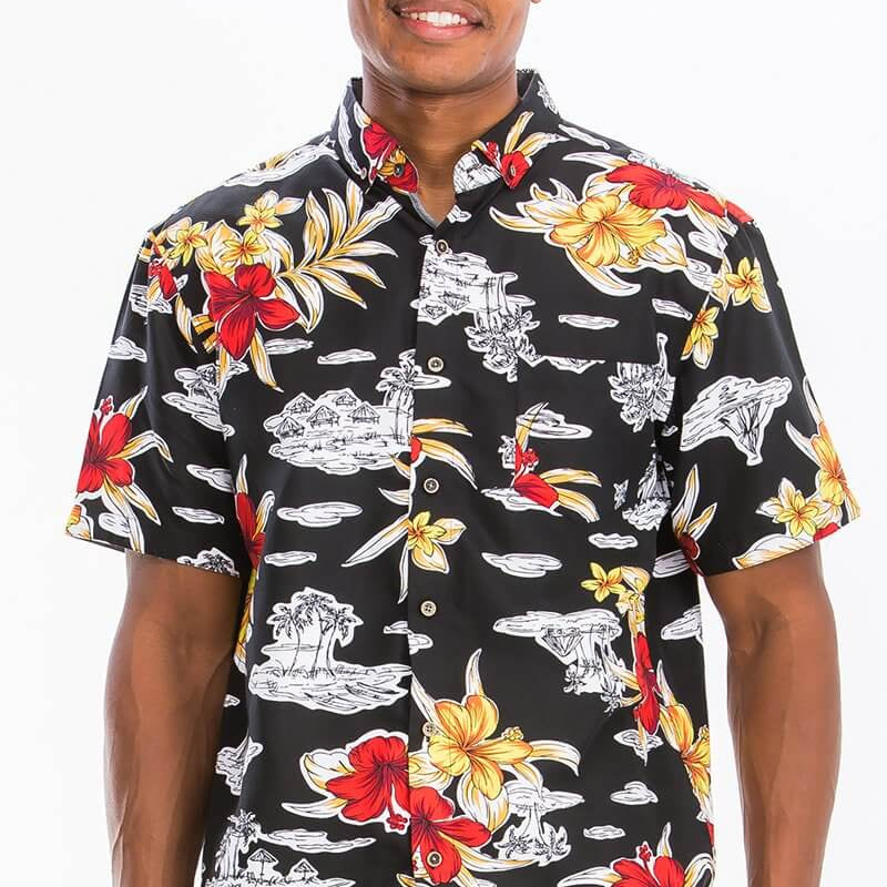 Red Flower Hawaiian Button Down