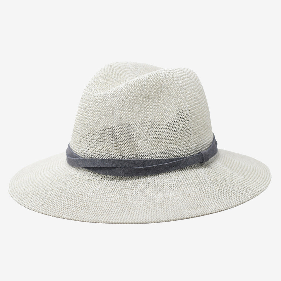 Light gray straw hat with a dark band on a white background