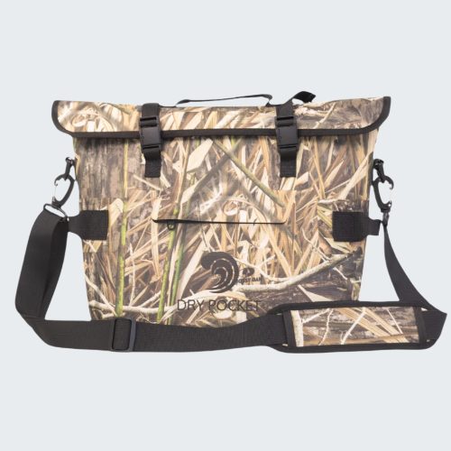 Camouflage cooler bag with shoulder strap on a white background