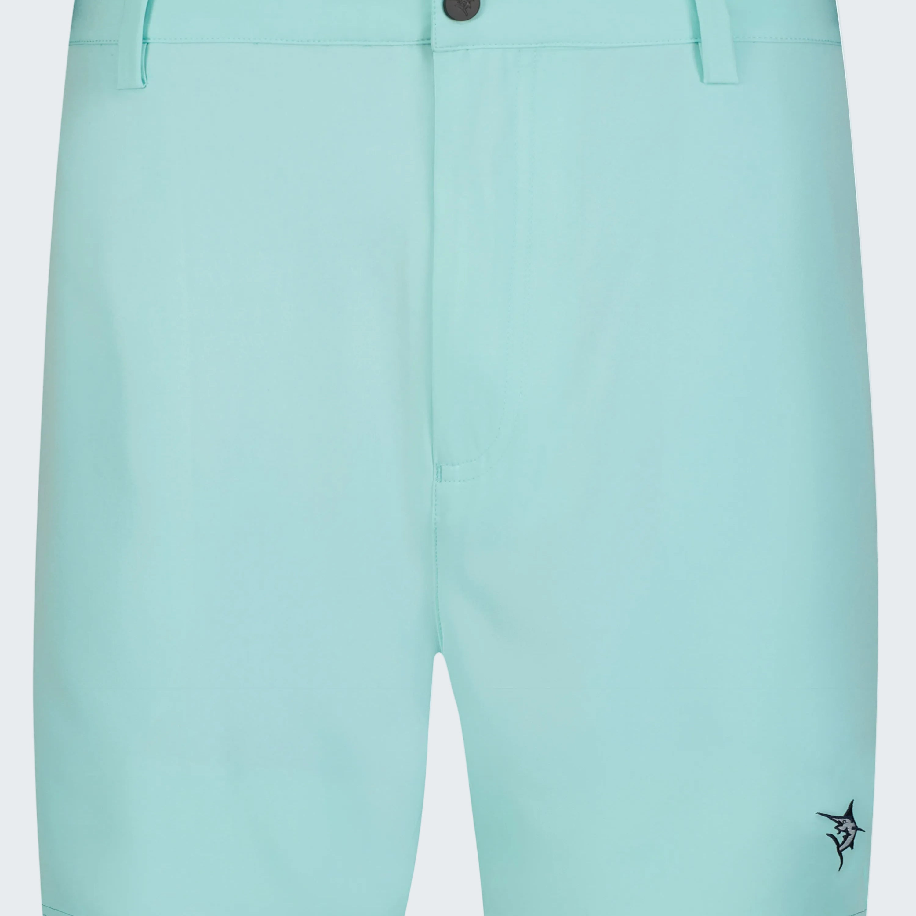 Light blue shorts with a small logo on a white background