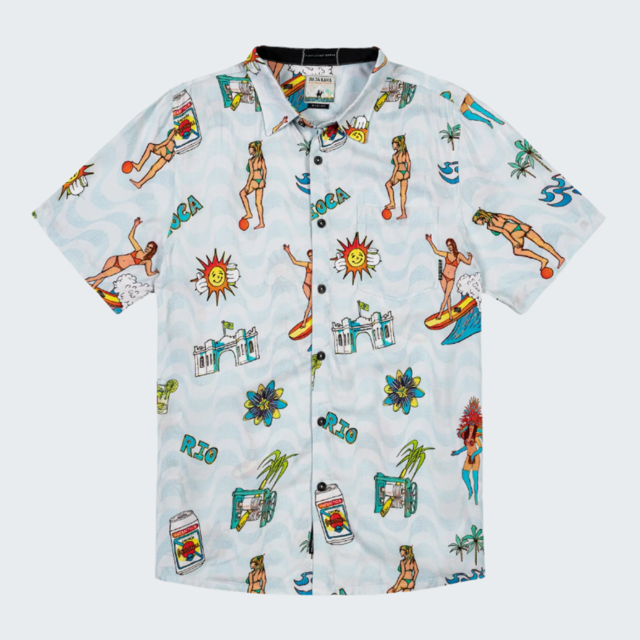 Short-sleeve shirt with summer-themed design on a white background