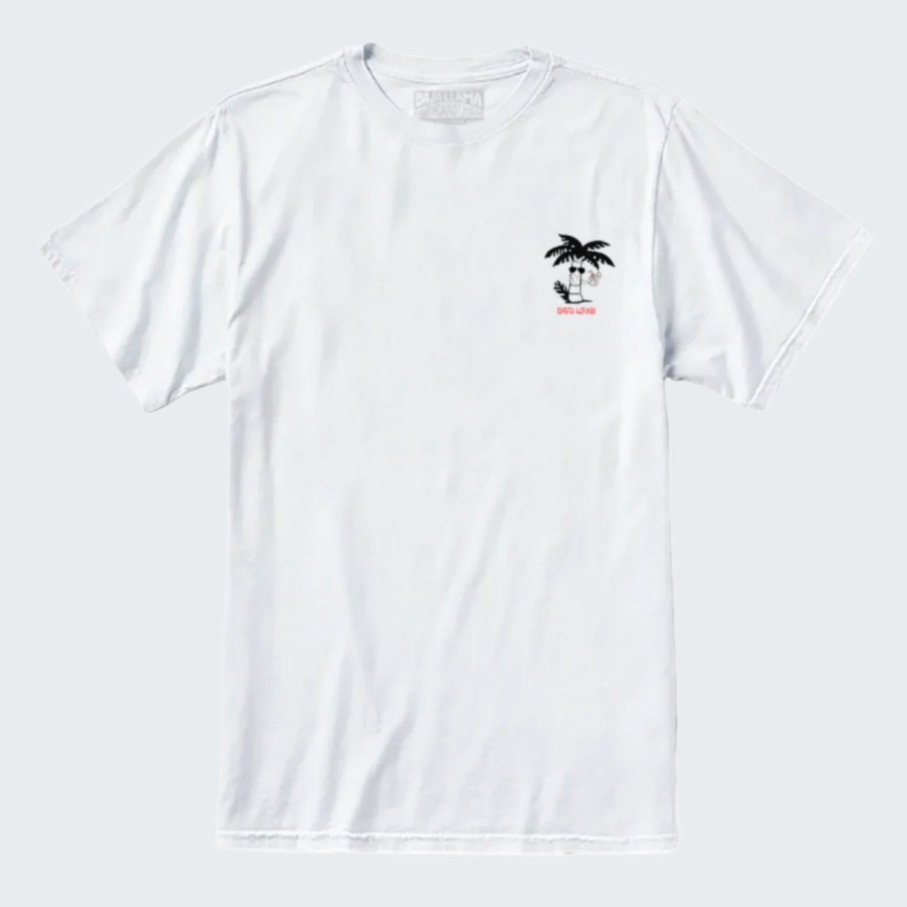 White t-shirt with a small graphic on the chest against a white background