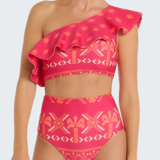 Pink bikini set with ruffled top on a white background