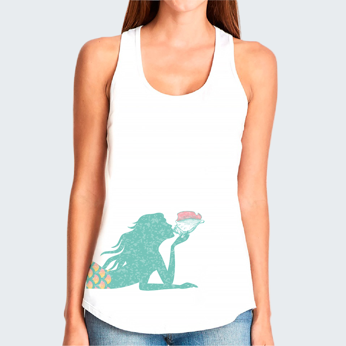 White tank top with a mermaid graphic worn by a person on a white background