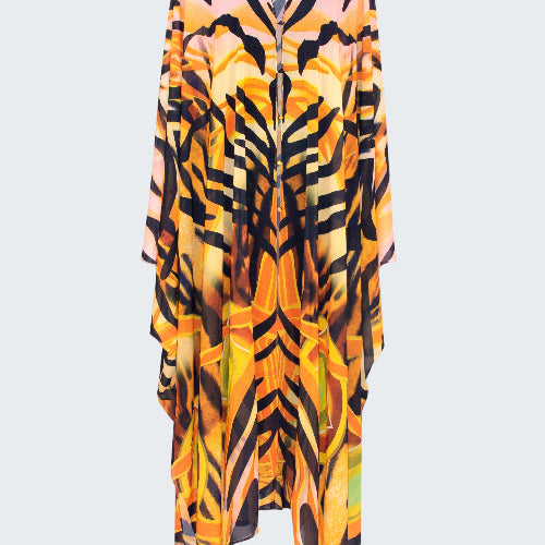 Long sleeve dress with a colorful abstract pattern on a white background