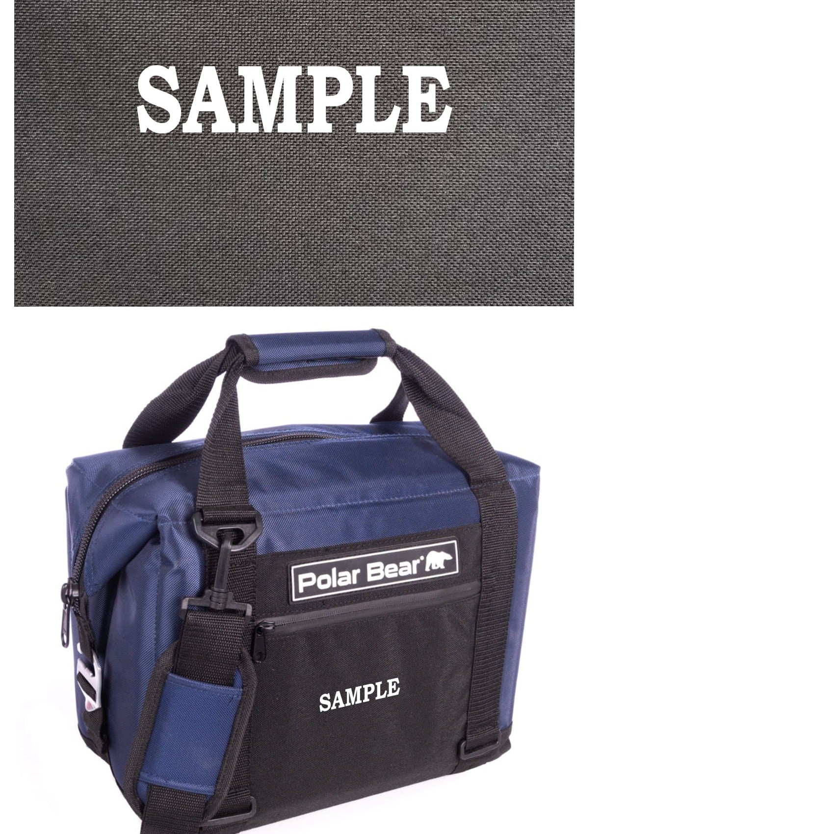 Blue and black bag with 'Polar Bear' branding and 'SAMPLE' text on a gray background